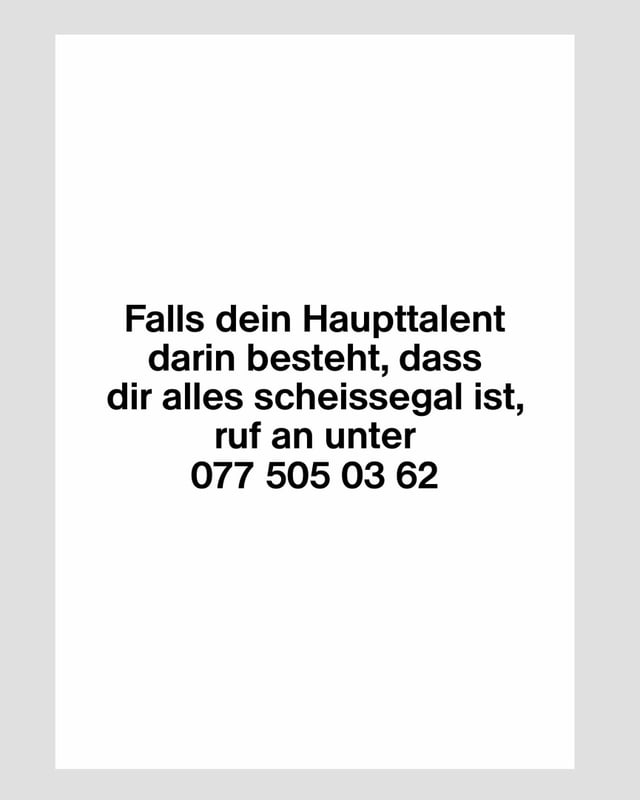 Ein weisse Seite. Darauf steht: «Falls dein Haupttalent darin besteht, dass dir alles scheissegal ist, ruf an unter 077 505 03 62». Ein weisse Seite. Darauf steht: «Falls dein Haupttalent darin besteht, dass dir alles scheissegal ist, ruf an unter 077 505 03 62».