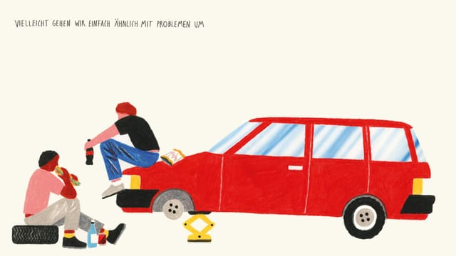 Illustration: Zwei Männer sitzen auf der Haube eines Auto, bei dem ein Rad abgenommen wurde, und essen. Illustration: Zwei Männer sitzen auf der Haube eines Auto, bei dem ein Rad abgenommen wurde, und essen.