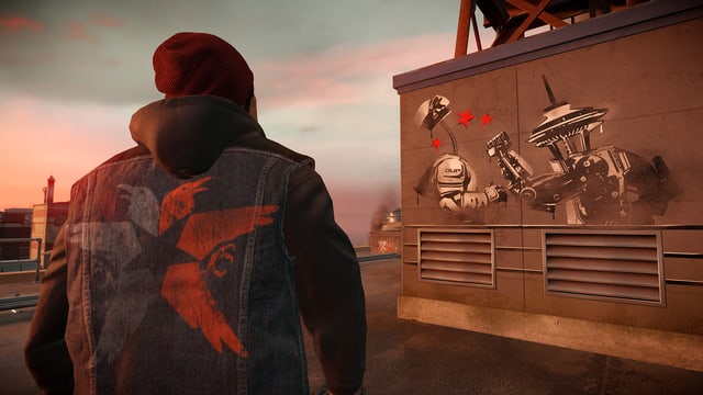 Delsin bestaunt sein eigenes Werk, einen Space-Needle-Roboter, der einen Soldaten boxt. Delsin bestaunt sein eigenes Werk, einen Space-Needle-Roboter, der einen Soldaten boxt.