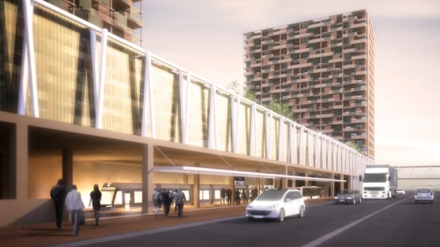 Eine Visualisierung des Bauprojekts mit zwei Hochhäusern und der Haltestelle Eine Visualisierung des Bauprojekts mit zwei Hochhäusern und der Haltestelle