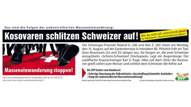 Das umstrittene Inserat der SVP von 2011. Das umstrittene Inserat der SVP von 2011.