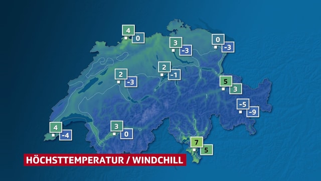 Schweizer Karte mit den Höchstwerten versus den gefühlten Temperaturen. Schweizer Karte mit den Höchstwerten versus den gefühlten Temperaturen.