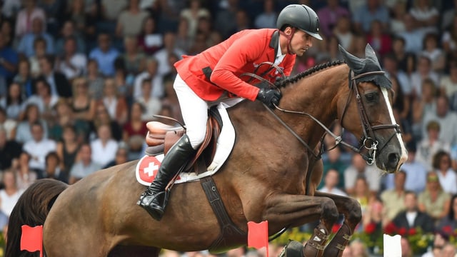 Romain Duguet überspringt auf Quorida de Treho ein Hindernis. Romain Duguet überspringt auf Quorida de Treho ein Hindernis.