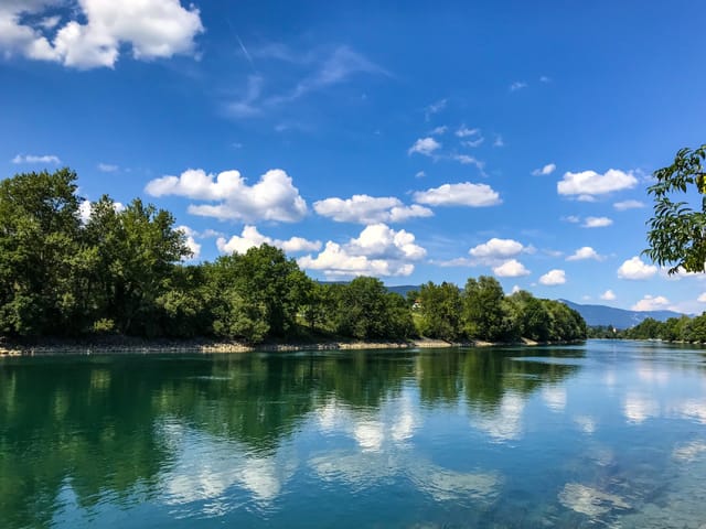 Einige Schönwetterwolken spiegeln sich in der blauen Aare.