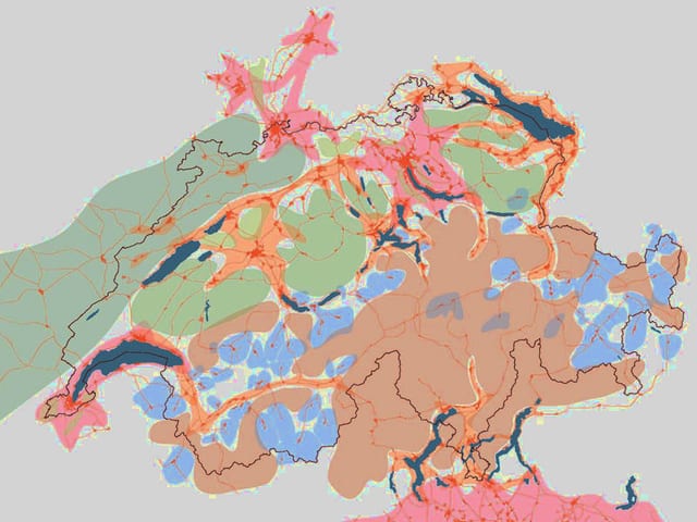 Die Schweiz in farblich verschiedene Regionen aufgeteilt