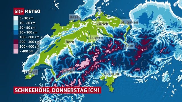 Eine Karte zeigt die Schneedecke in der Schweiz. Eine Karte zeigt die Schneedecke in der Schweiz.