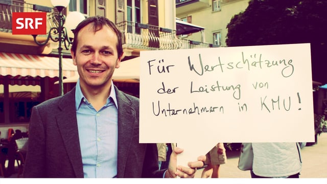 Dieser Mann fordert in der SRF-Fotobox in Visp: «Mehr Wertschätzung für die Leistung der Chefs von KMUs.»