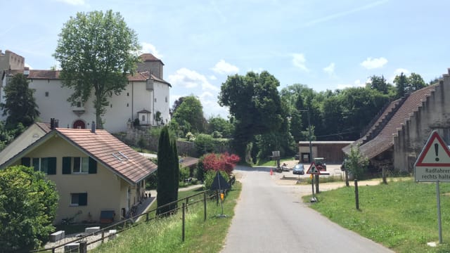 Strasse, links und rechts Wiese, ein Schloss, ein Bauernhof Strasse, links und rechts Wiese, ein Schloss, ein Bauernhof