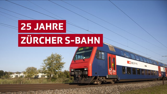Eine S-Bahn, darüber der Schriftzug "25 Jahre Zürcher S-Bahn" Eine S-Bahn, darüber der Schriftzug "25 Jahre Zürcher S-Bahn"