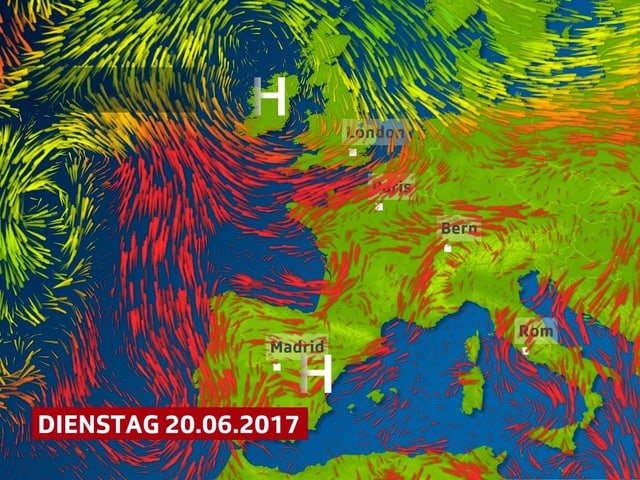 Rote Pfeile zeigen die Luftströmung rund um das mächtige Hitzehoch, es erstreckt sich von Spanien bis England. Rote Pfeile zeigen die Luftströmung rund um das mächtige Hitzehoch, es erstreckt sich von Spanien bis England.