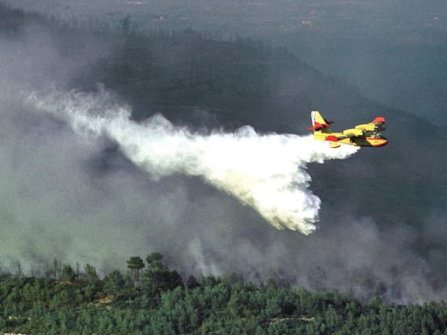 Ein Löschflugzeug versprüht Wasser über einem brennenden Wald. (Spanien) Ein Löschflugzeug versprüht Wasser über einem brennenden Wald. (Spanien)
