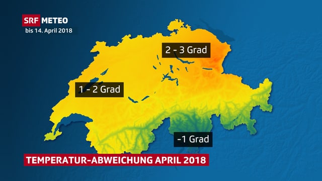 Schweizer Karte mit Temperaturabweichung im bisherigen April 2018. Schweizer Karte mit Temperaturabweichung im bisherigen April 2018.