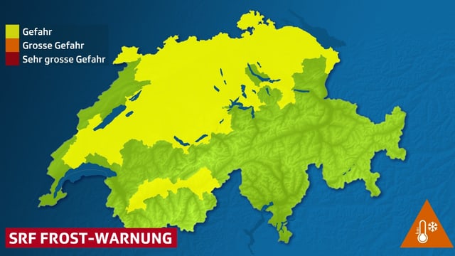 Warnkarte für Bodenfrost, Warnregionen sind gelb eingefärbt. Warnkarte für Bodenfrost, Warnregionen sind gelb eingefärbt.