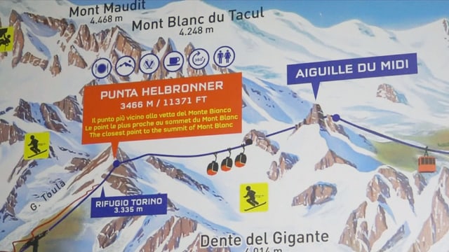 La pendiculara che collia en il massiv dal Mont Blanc l’Aiguille du Midi cun la Pointe Helbronner. La pendiculara che collia en il massiv dal Mont Blanc l’Aiguille du Midi cun la Pointe Helbronner.