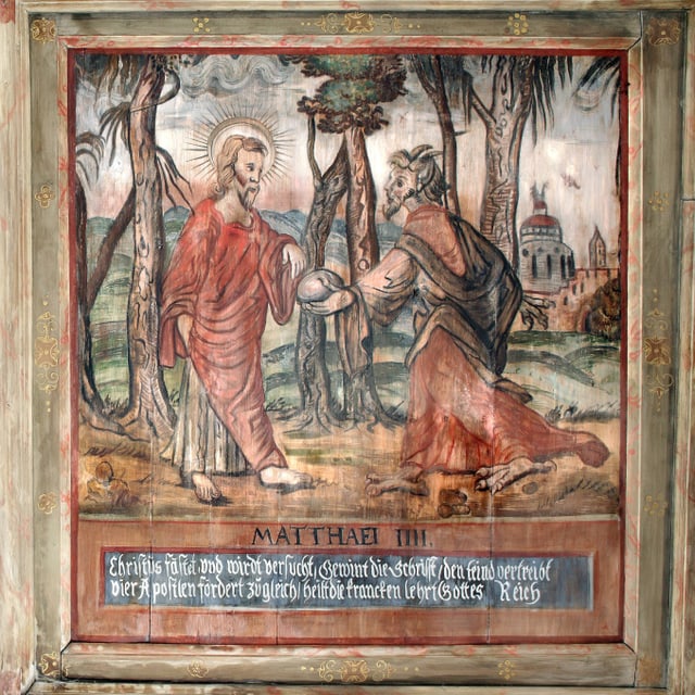 Die evangelische Pfarrkirche von Grumbach (Sachsen) hat eine Renaissancekassettendecke von 1674 mit Szenen aus dem Alten und dem Neuen Testament von dem Freiberger Maler Friedrich Unger nach Radierungen des Virgil Solis des Älteren. Die evangelische Pfarrkirche von Grumbach (Sachsen) hat eine Renaissancekassettendecke von 1674 mit Szenen aus dem Alten und dem Neuen Testament von dem Freiberger Maler Friedrich Unger nach Radierungen des Virgil Solis des Älteren.