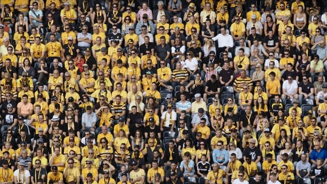 Aufnahme des gelb-schwarzen Menschenmeers: Das Publikum im Stadion des Schweizermeisters. Aufnahme des gelb-schwarzen Menschenmeers: Das Publikum im Stadion des Schweizermeisters.