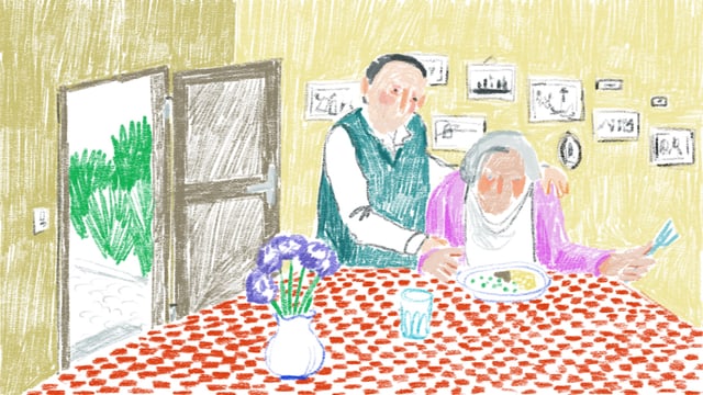 Zeichnugn von einem Mann, der einer Frau beim Essen hilft. Zeichnugn von einem Mann, der einer Frau beim Essen hilft.