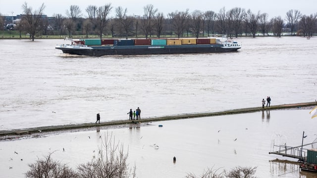 Containerschiff auf Rhein, überschwemmtes Ufer. Containerschiff auf Rhein, überschwemmtes Ufer.