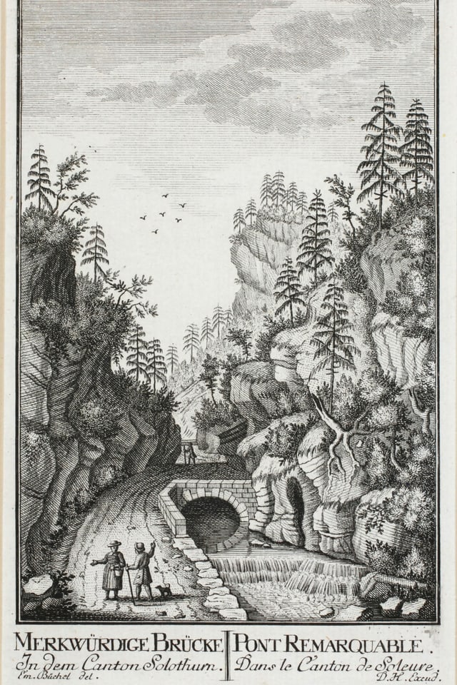 Kupferstich einer Engen Stelle mit Brücke in Tal. Kupferstich einer Engen Stelle mit Brücke in Tal.