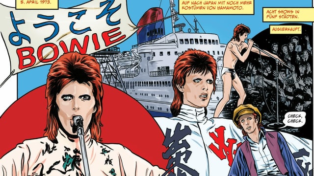 Comiczeichnung von David Bowie mit mehreren Sprechblasen und mit bunten Farben