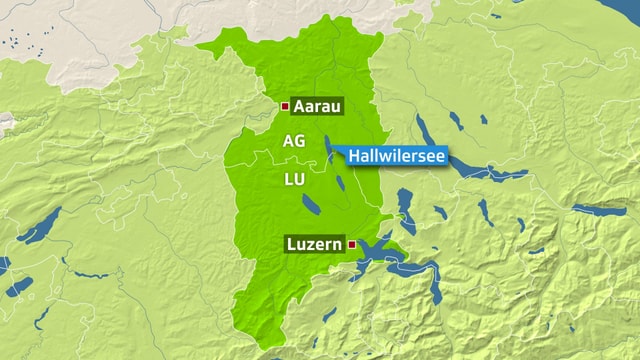 Karte auf der der Hallwilersee eingezeichnet ist. Ebenfalls markiert sind die Orte Aarau und Luzern. Karte auf der der Hallwilersee eingezeichnet ist. Ebenfalls markiert sind die Orte Aarau und Luzern.
