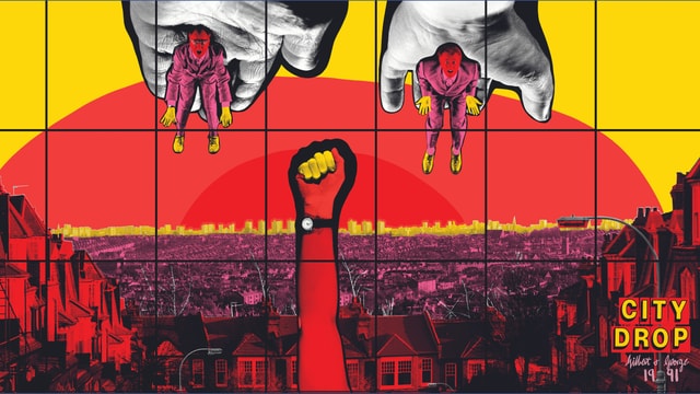 Ein Werk, das eine Stadt zeigt. Oben am Werk sind Gilbert & George zu sehen. Ein Werk, das eine Stadt zeigt. Oben am Werk sind Gilbert & George zu sehen.