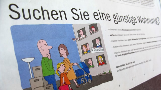 Inserat des HEV mit dem Titel "Suchen sie eine günsteige Wohnung" und dem Bild einer frustrierten Familie Inserat des HEV mit dem Titel "Suchen sie eine günsteige Wohnung" und dem Bild einer frustrierten Familie