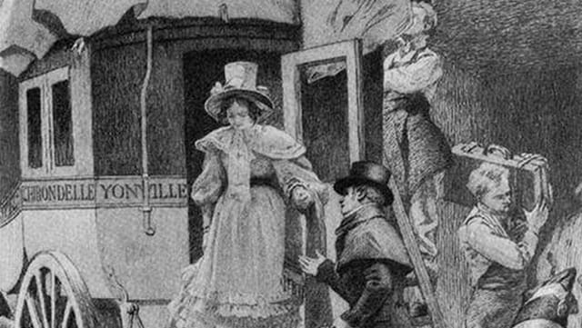 Madame Bovary, geleitet von ihrem Galan, verlässt die Kutsche. Madame Bovary, geleitet von ihrem Galan, verlässt die Kutsche.
