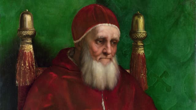 Ein Bildnis von Papst Julius II. vor grünem Hintergrund. Ein Bildnis von Papst Julius II. vor grünem Hintergrund.