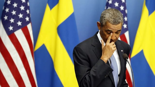 Obama an der Medienkonferenz in Stockholm. Obama an der Medienkonferenz in Stockholm.