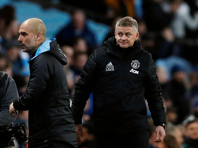 Pep Guardiola (l.) und Ole Gunnar Solskjaer. Pep Guardiola (l.) und Ole Gunnar Solskjaer.