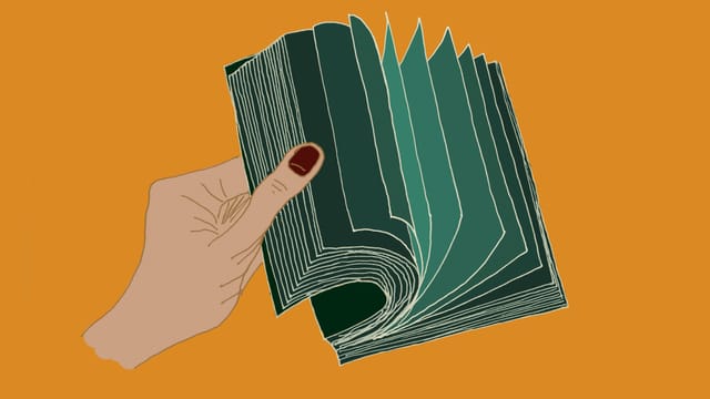 Illustration einer Hand, die in einem Buch blättert. Illustration einer Hand, die in einem Buch blättert.