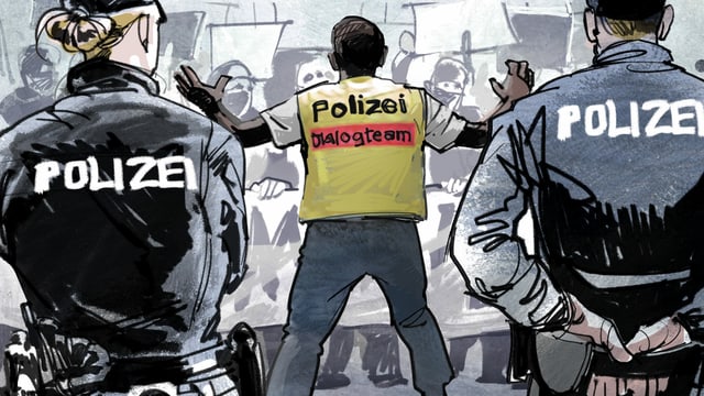 Illustration: Ein Mensch mit Gilet, auf dem steht "Polizei Dialogteam". Illustration: Ein Mensch mit Gilet, auf dem steht "Polizei Dialogteam".