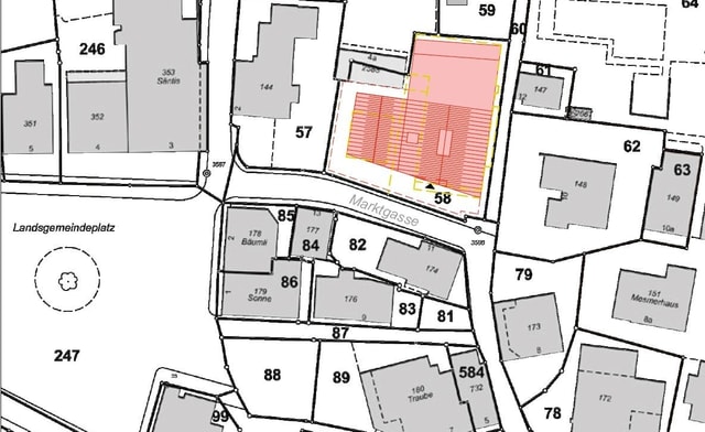 Situationsplan, wo das neue Gebäude hinkommen soll Situationsplan, wo das neue Gebäude hinkommen soll