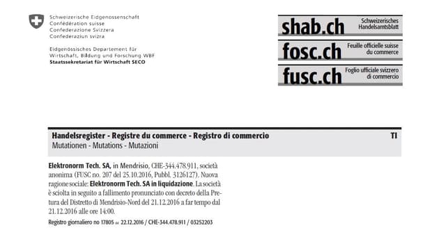 Auszug aus dem handeslregister, der zeiugt, dass die Firma Konkurs anmeldete. Auszug aus dem handeslregister, der zeiugt, dass die Firma Konkurs anmeldete.