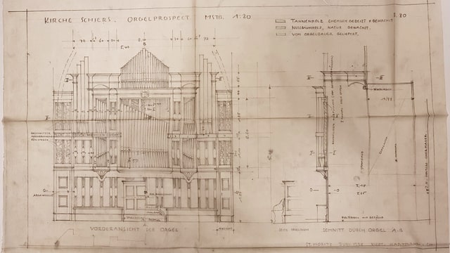 Ein Plan vom Orgel-Architekt Nicolaus Hartmann der Orgel in der Kirche Schiers. Ein Plan vom Orgel-Architekt Nicolaus Hartmann der Orgel in der Kirche Schiers.
