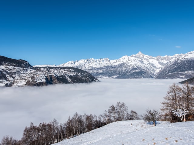Hochnebeldecke im Rhonetal, darüber blauer Himmel und weisse Berge.