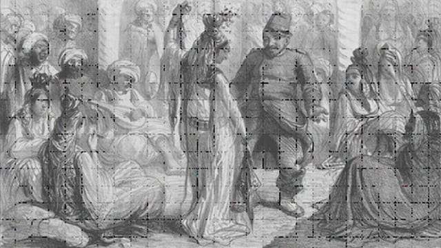Die Lithographie von Benjamin Roubaud zeigt einen unbeholfen tanzenden Franzosen neben einer Muslimin und Muslimen. Die Lithographie von Benjamin Roubaud zeigt einen unbeholfen tanzenden Franzosen neben einer Muslimin und Muslimen.