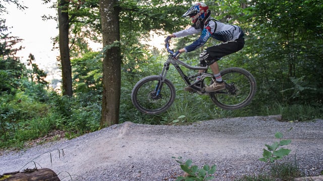 Mountainbiker in Aktion. Fährt einen Waldweg hinunter. Mountainbiker in Aktion. Fährt einen Waldweg hinunter.