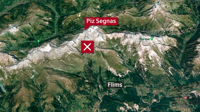 Kartenausschnitte auf dem der Piz Segnas sowie die Absturzstelle eingezeichnet ist. Kartenausschnitte auf dem der Piz Segnas sowie die Absturzstelle eingezeichnet ist.