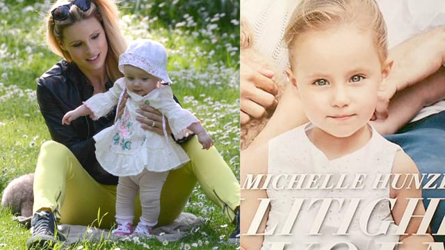 Zwei Bilder: Michelle Hunziker mit einem Baby im Gras sitzend. Und ein Mädchen in weissem Kleidchen in die Kamera blickend. Zwei Bilder: Michelle Hunziker mit einem Baby im Gras sitzend. Und ein Mädchen in weissem Kleidchen in die Kamera blickend.