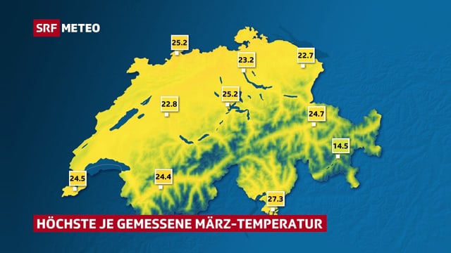 Schweizer Karte mit März-Temperaturrekorden