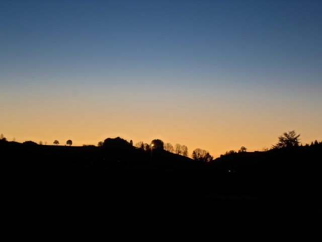 Unten im Bild ist es bereits dunkel. Am Horziont zeichnen sich die Konturen von verschiedenen Bäumen sehr scharf ab, dahinter ein Himmel in zarten Dämmerungsfarben.