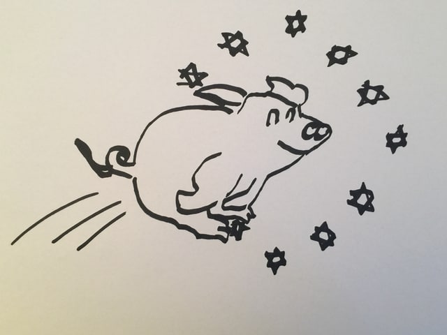 Ein Schweinz springt durch einen Ring mit EU-Sternen Ein Schweinz springt durch einen Ring mit EU-Sternen