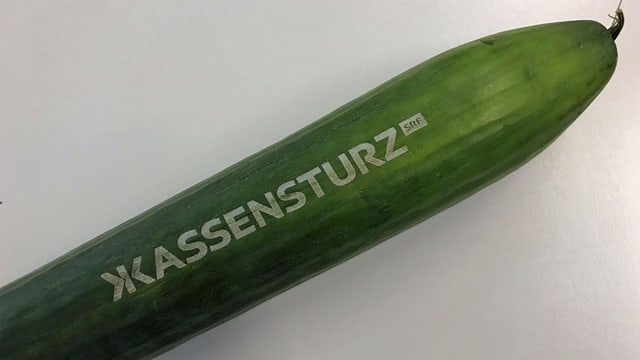 Salatgurke mit Kassensturz-Logo. Salatgurke mit Kassensturz-Logo.