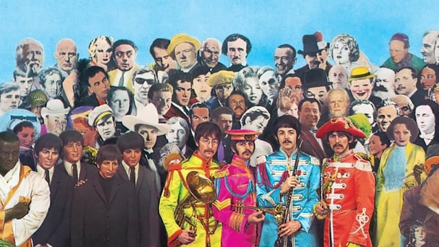 Beatles-Cover zu Sgt. Pepper: Viele zusammengesetzte, verschiedenfarbige Prominente. Beatles-Cover zu Sgt. Pepper: Viele zusammengesetzte, verschiedenfarbige Prominente.