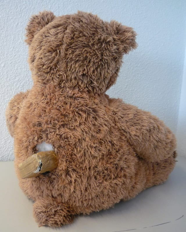 Rückenansicht des Teddys. Aus einem Loch erscheint eine Platte Marihuana. Rückenansicht des Teddys. Aus einem Loch erscheint eine Platte Marihuana.