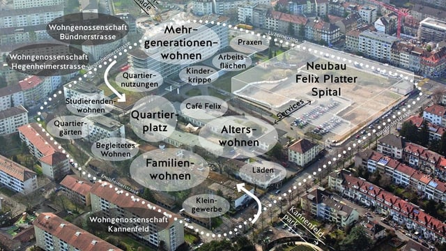 Übersichrtskarte: So soll das Felix-Platter-Areal künftig aussehen. Übersichrtskarte: So soll das Felix-Platter-Areal künftig aussehen.