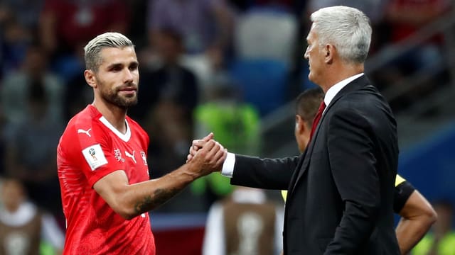 Behrami und Petkovic geben sich am Spielfeldrand die Hand. Behrami und Petkovic geben sich am Spielfeldrand die Hand.