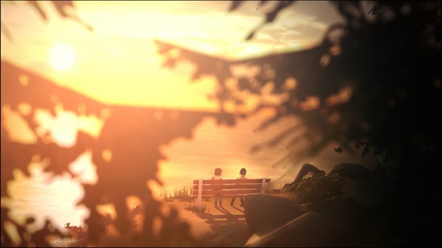 Max und Chloe sitzen im Sonnenuntergang auf einem Bänkchen am Meer. Max und Chloe sitzen im Sonnenuntergang auf einem Bänkchen am Meer.